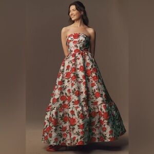 MAC DUGGAL
Strapless Brocade Floral Ruffle-Hem A-Line Maxi Dress